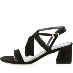 Stuart Weitzman Black Suede Tassel Mania Heeled Sandal size 7.5